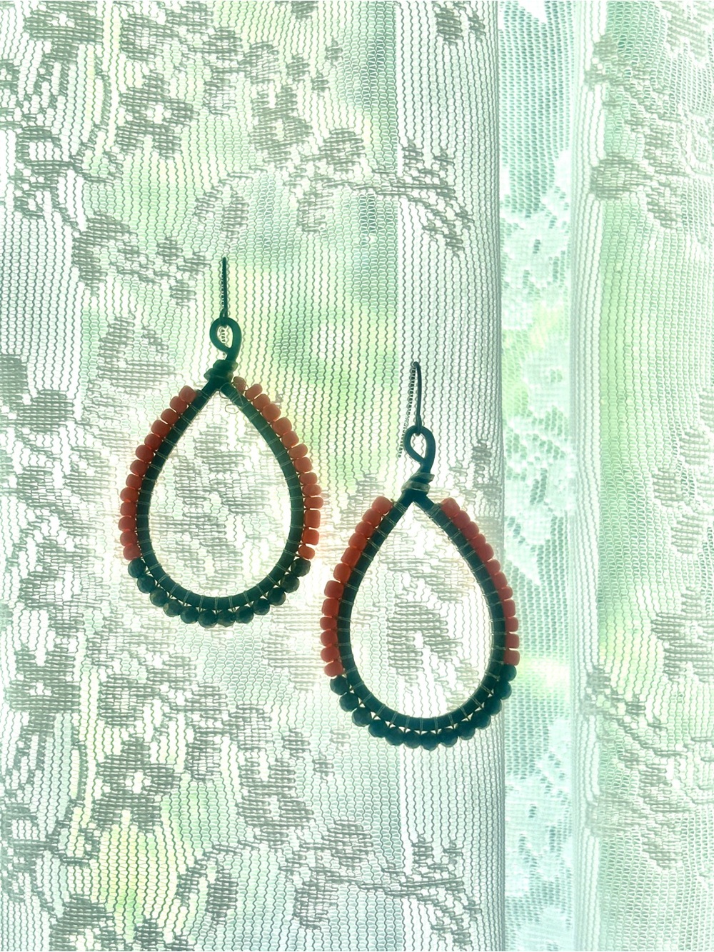 Coral and BrownTeardrop Beaded Earrings